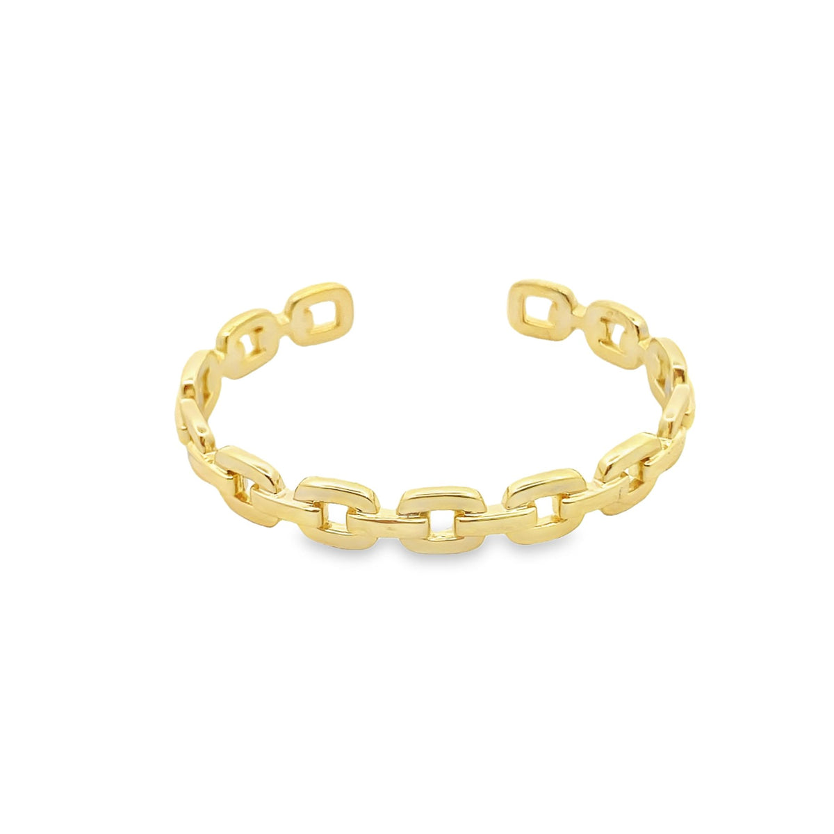 A gleaming gold chain-link ring sits against a plain white background, showcasing its intricate interlocking links and open band design.