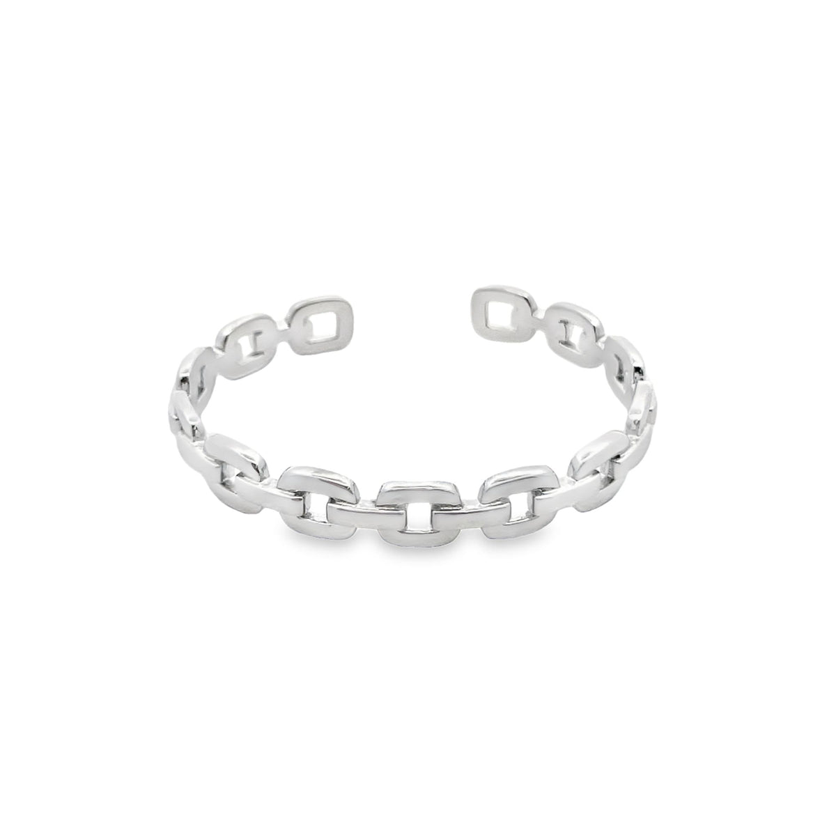 A polished silver chain-link ring sits against a clean white background, showcasing its interlocking geometric design.