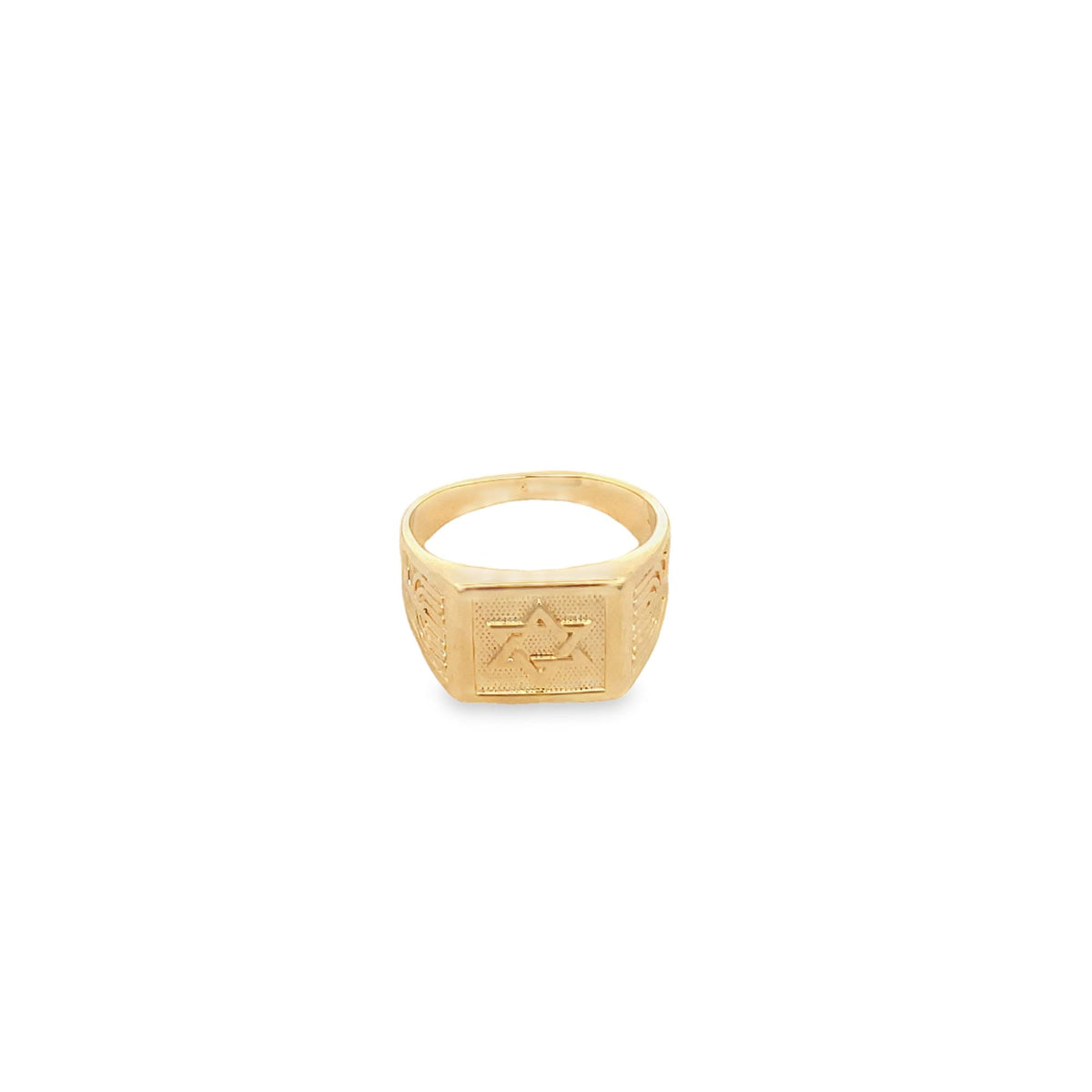 A gold signet ring features an engraved Star of David on its flat face against a plain white background.