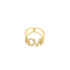 A gold ring featuring the word "love" spelled out in sparkling cubic zirconia stones rests against a plain white background.