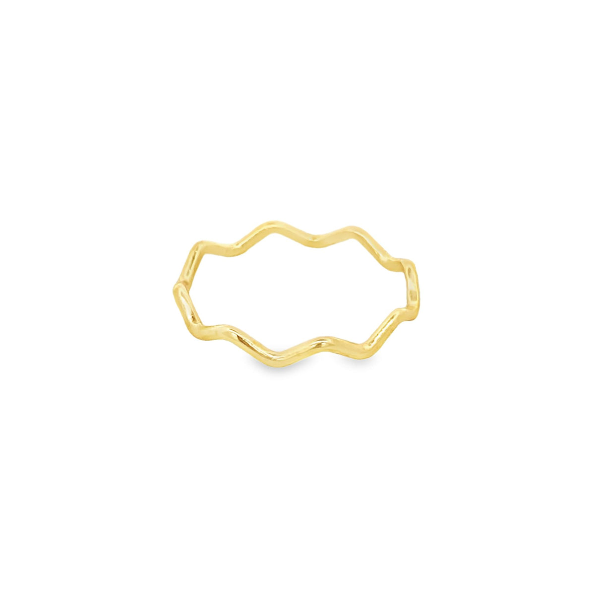 A delicate gold band ring features a playful wavy design against a plain white background.