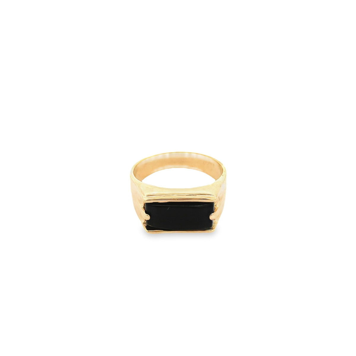 A gold ring features a rectangular black stone set in the center against a white background.