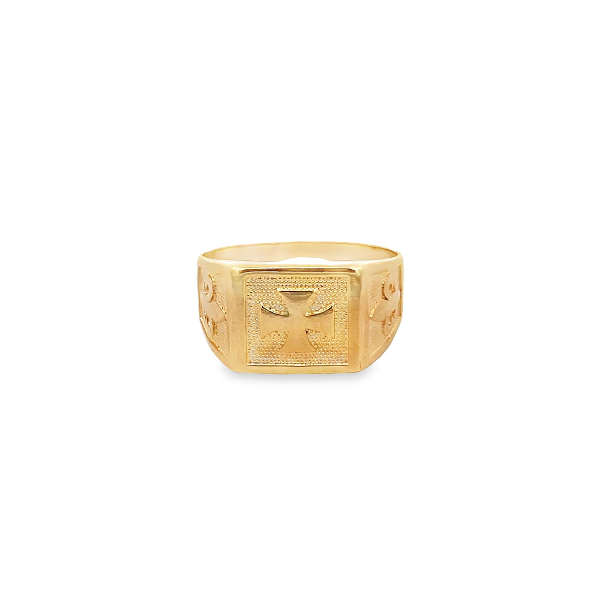 A polished gold signet ring features an embossed cross on its textured square face against a plain white background.
