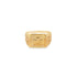 A polished gold signet ring features an embossed cross on its textured square face against a plain white background.