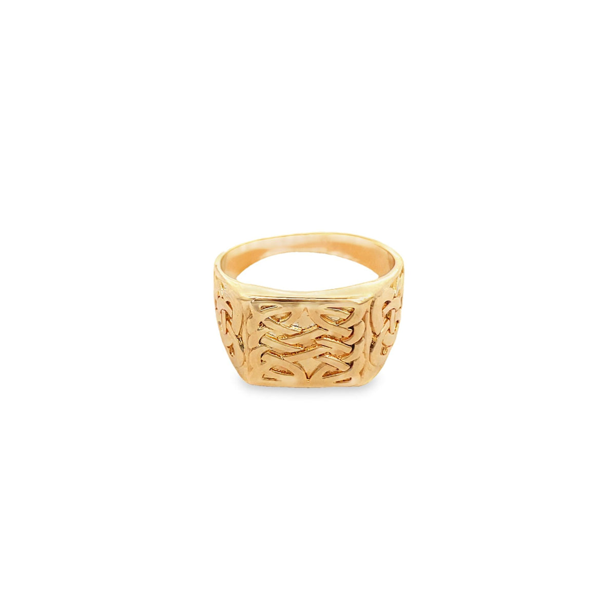 A gold signet ring features an intricate Celtic knot pattern engraved across its flat top and sides.