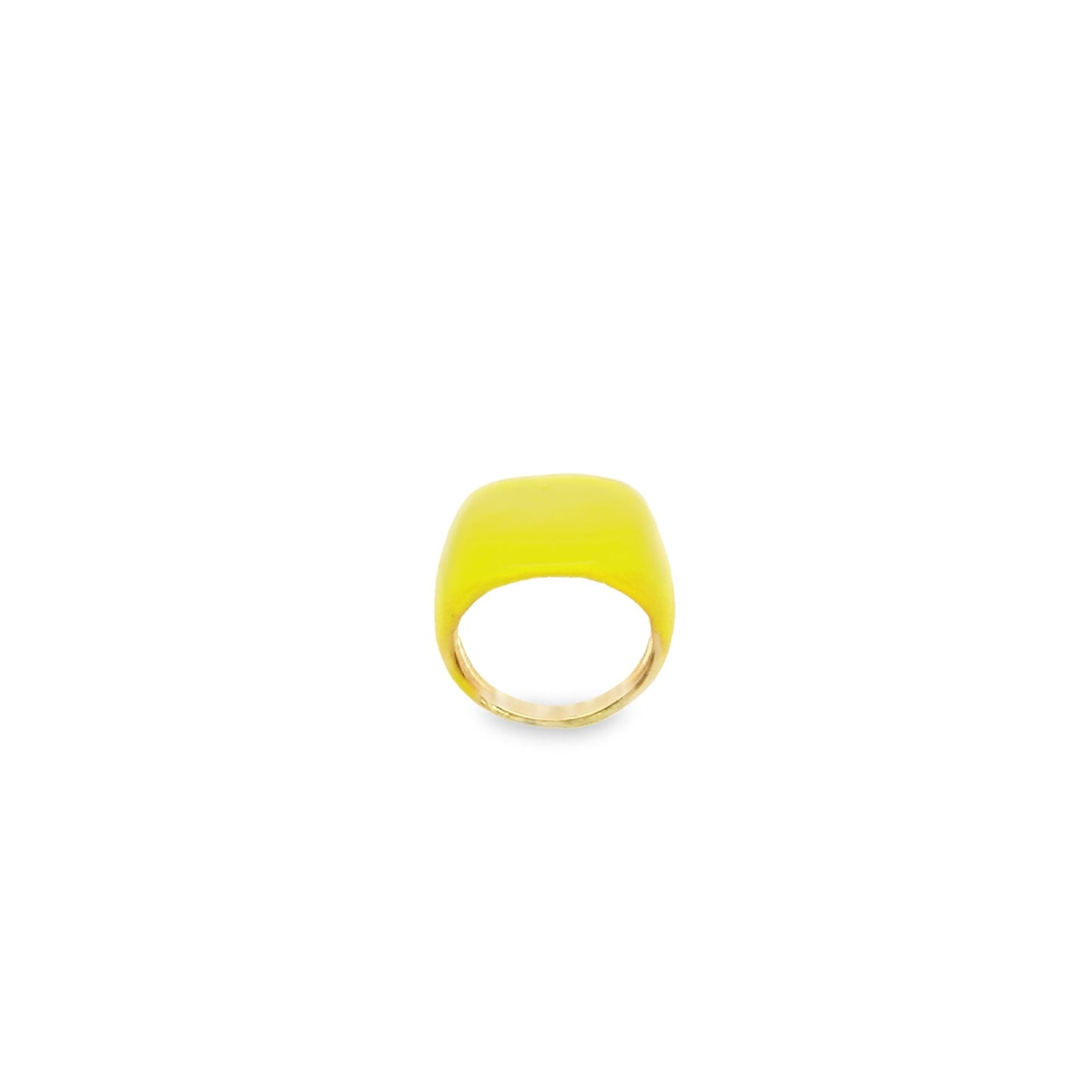 A bold gold ring features a smooth, vibrant yellow enamel top set against a clean white background.