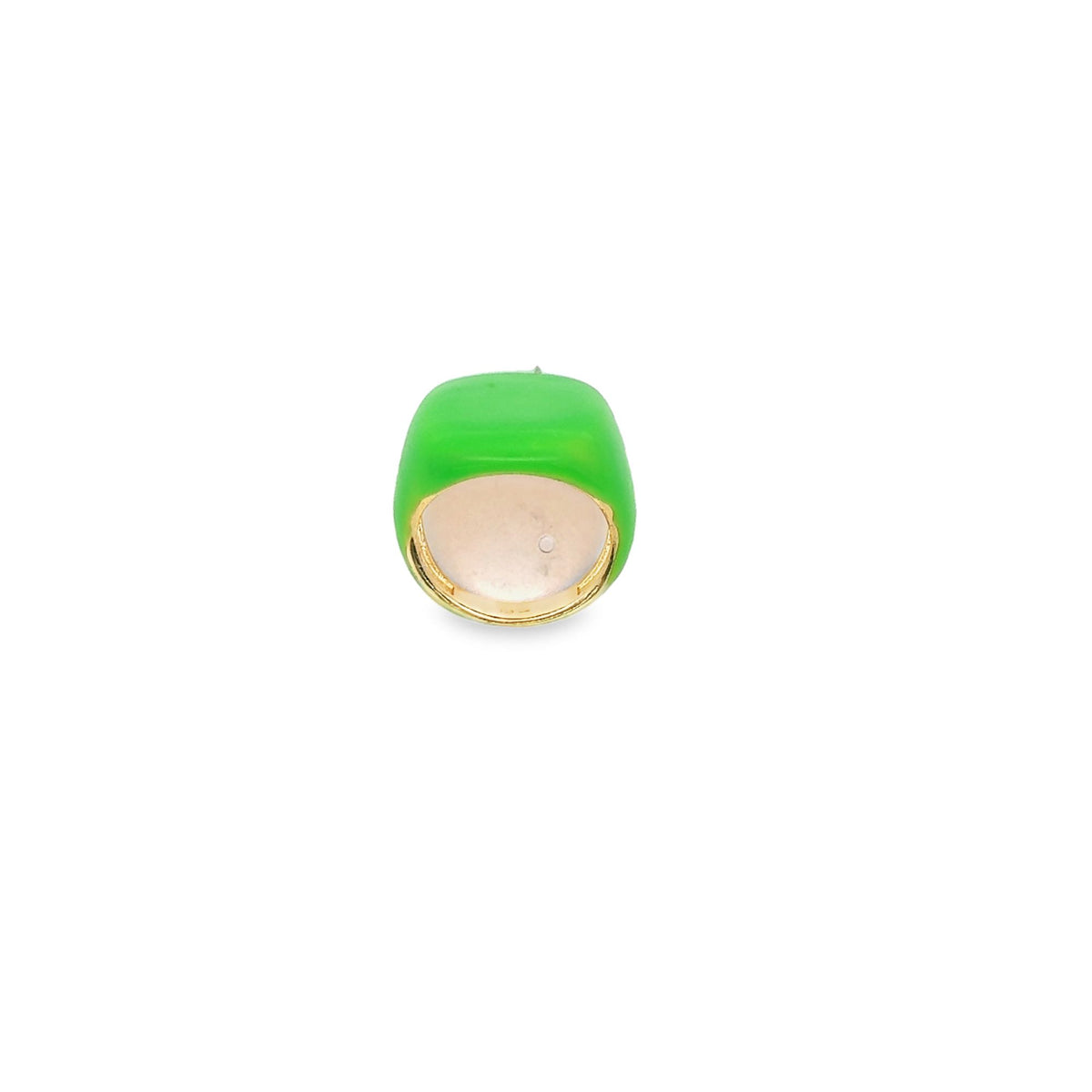A vibrant green enamel ring features a smooth, rounded square face set against a polished gold band.
