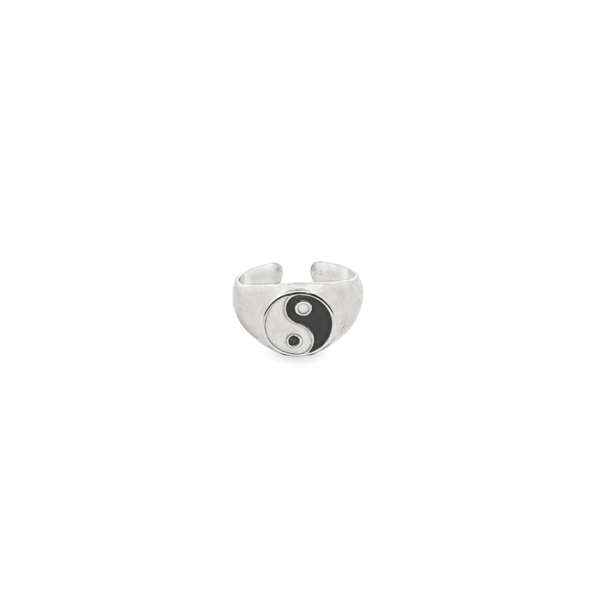 A silver adjustable ring features a black and white yin yang symbol on a plain white background.