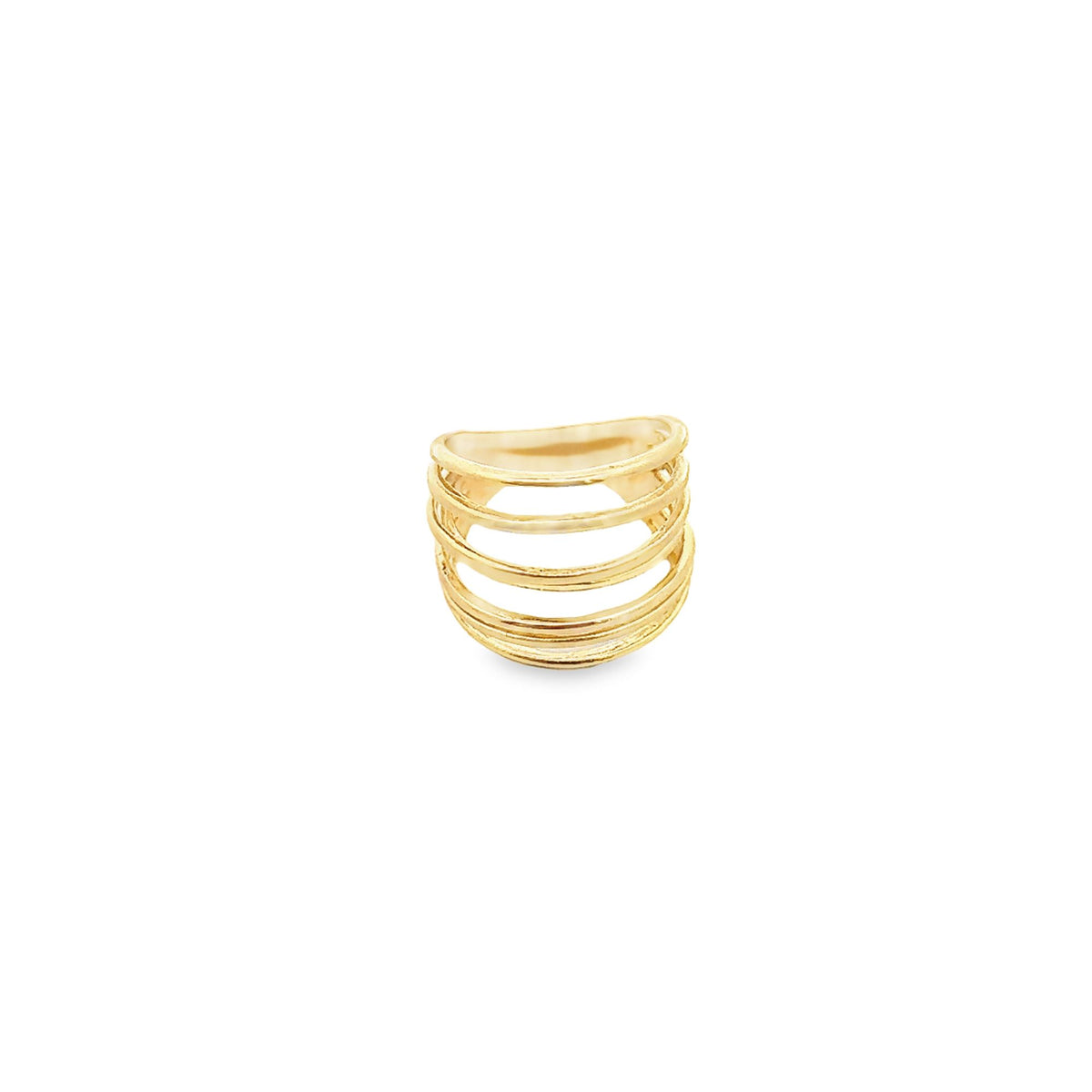 A polished multi-band gold statement ring rests against a clean white background.