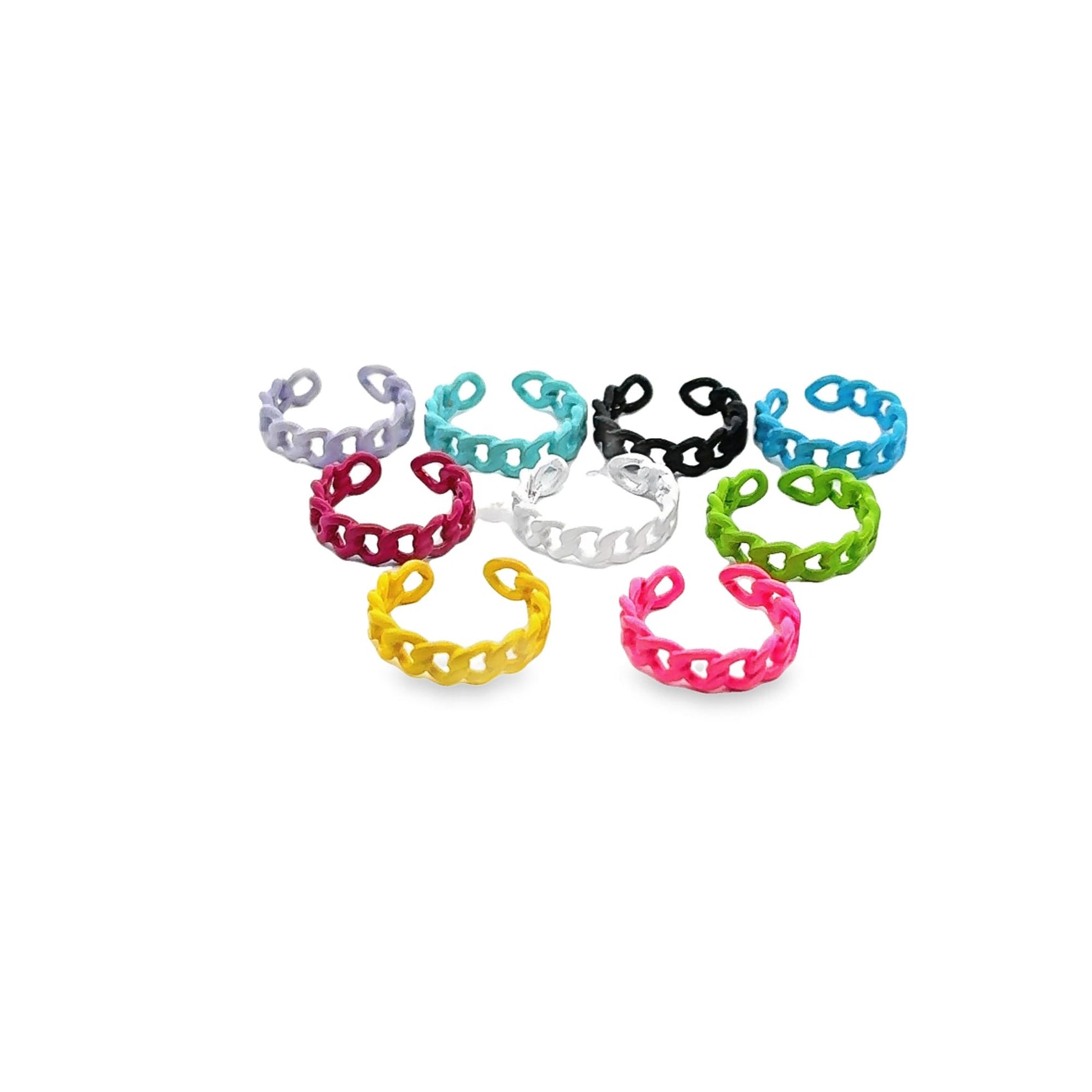 An assortment of colorful chain link rings displays vibrant enamel finishes in various shades on a white background.