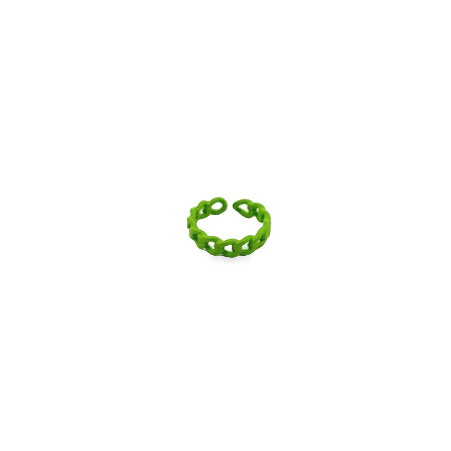 A vibrant green enamel ring featuring an interlocking chain-link design rests against a clean white background.