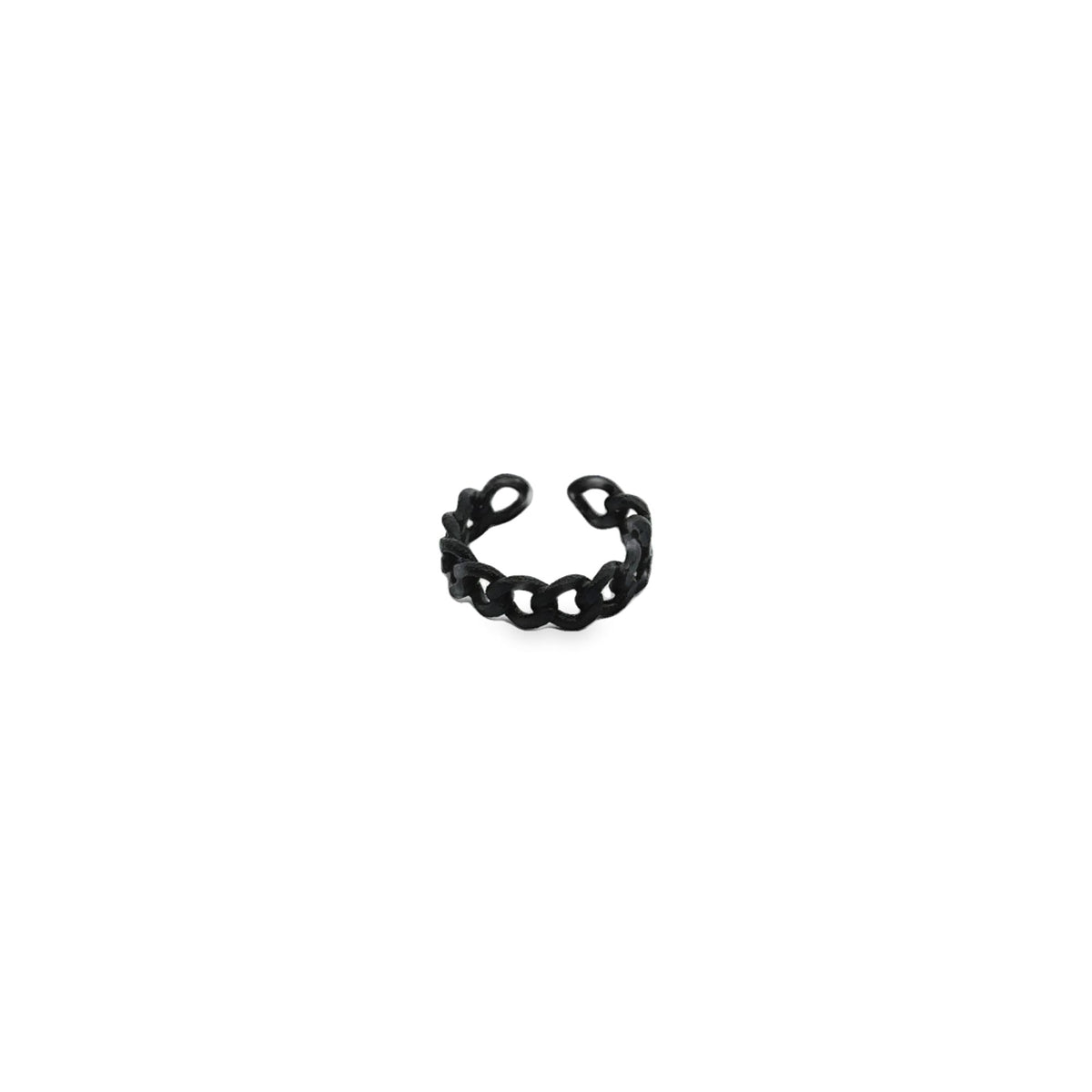 A sleek black chain-link ring sits isolated against a clean white background.