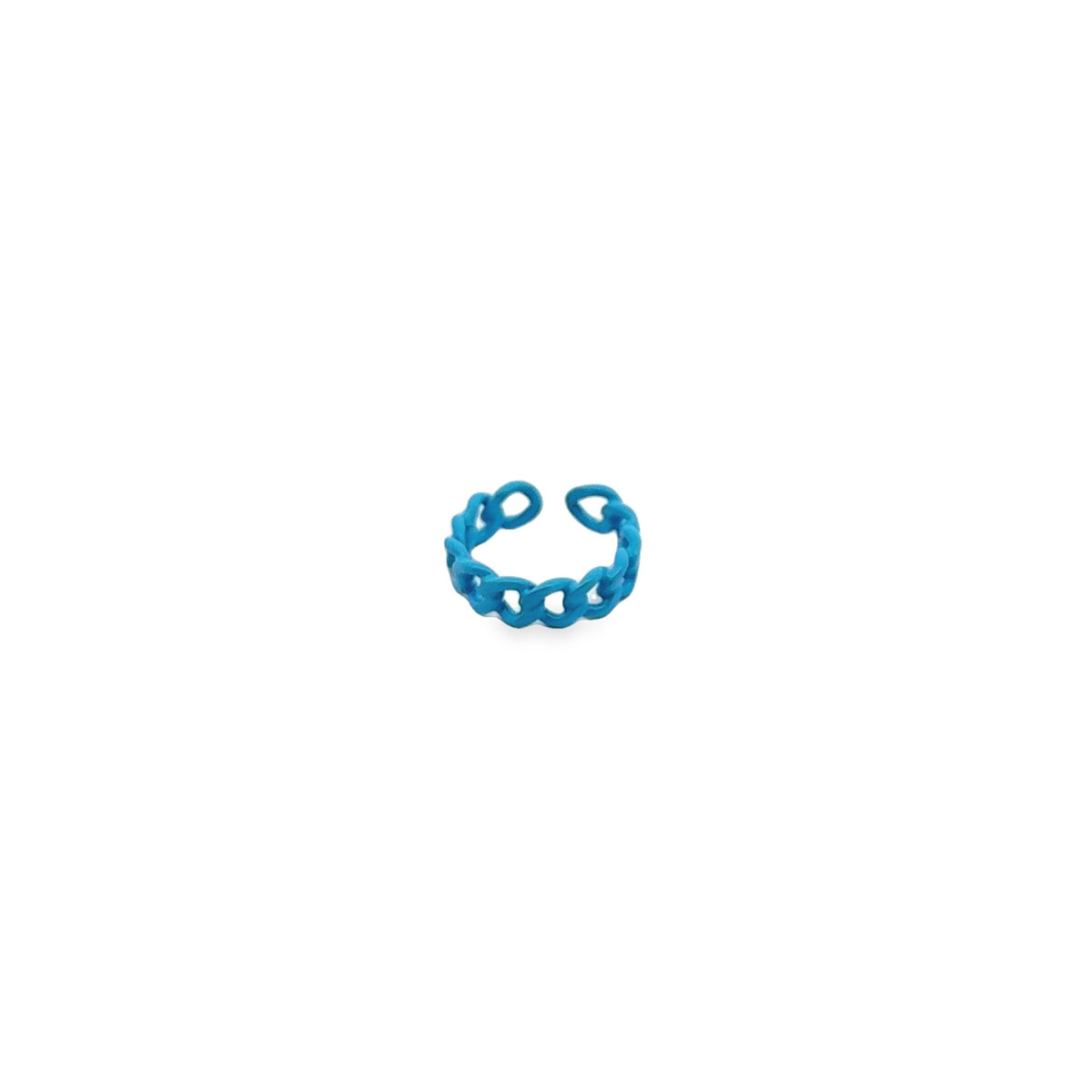 A vibrant blue chain-link ring sits isolated against a clean white background.