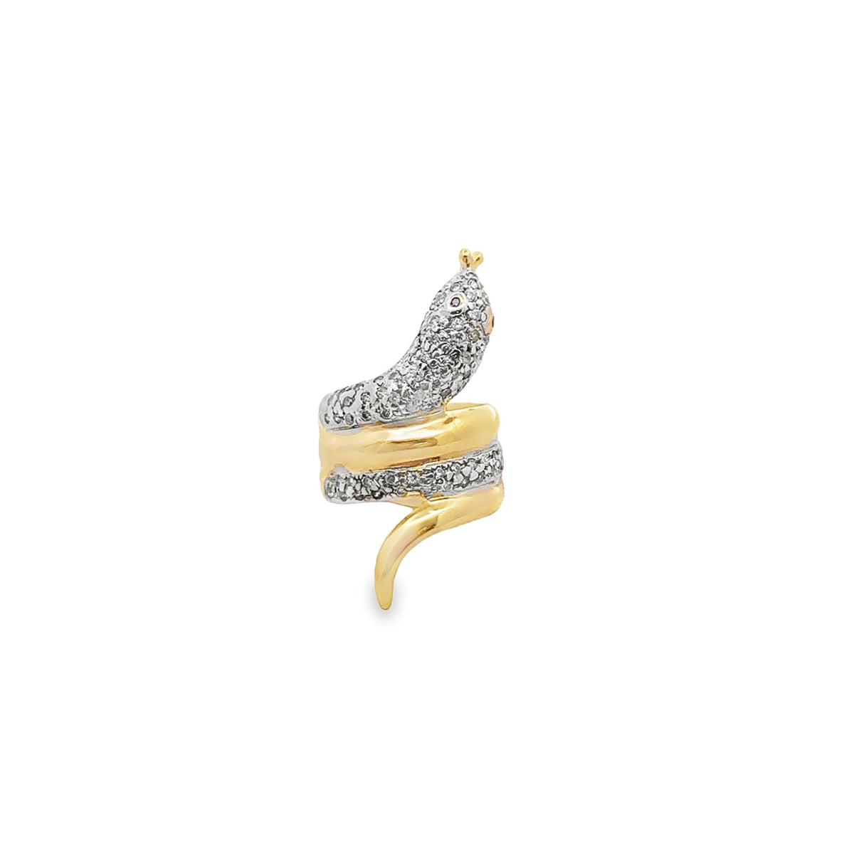 A gold and diamond snake ring coils gracefully on a clean white background.