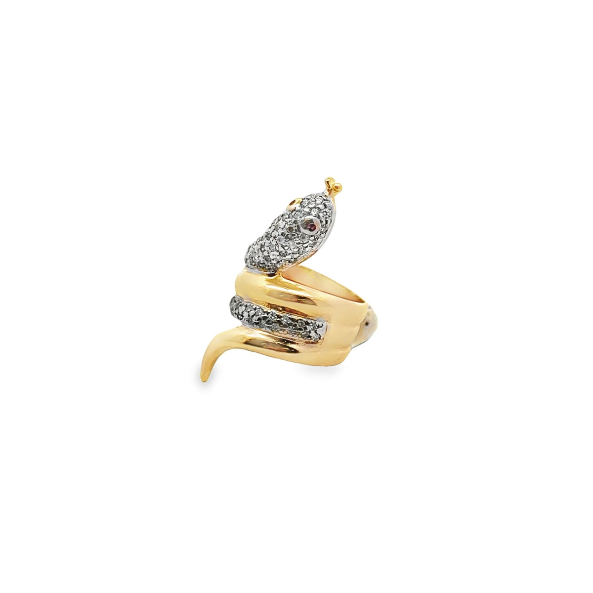 A gold snake ring coiled neatly, featuring shimmering diamond pavé details along its back and head against a clean white background.