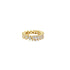 A gold eternity ring features alternating round and baguette-cut cubic zirconia stones sparkling against a clean white background.