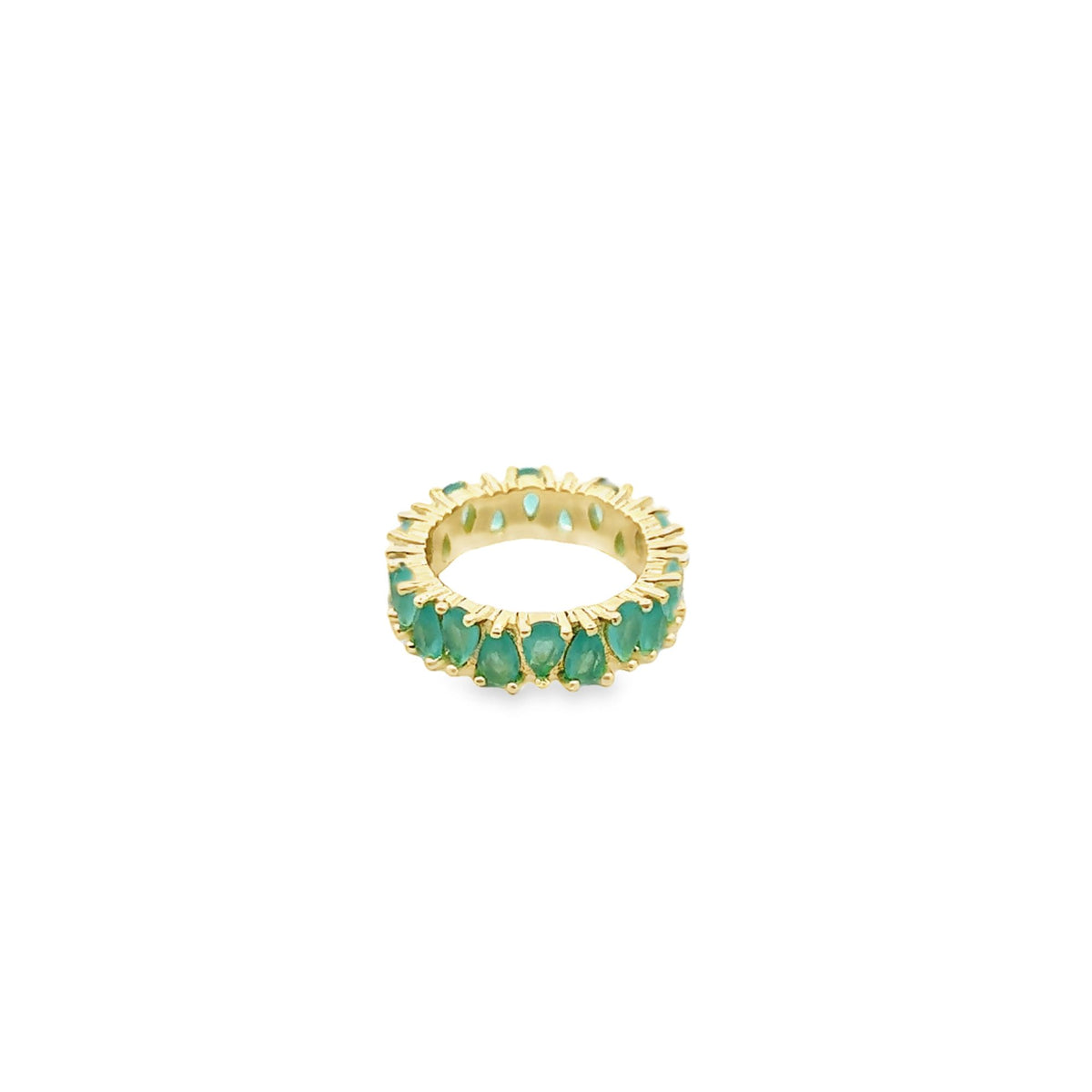 A gold eternity band features a continuous row of vibrant pear-shaped green gemstones against a plain white background.