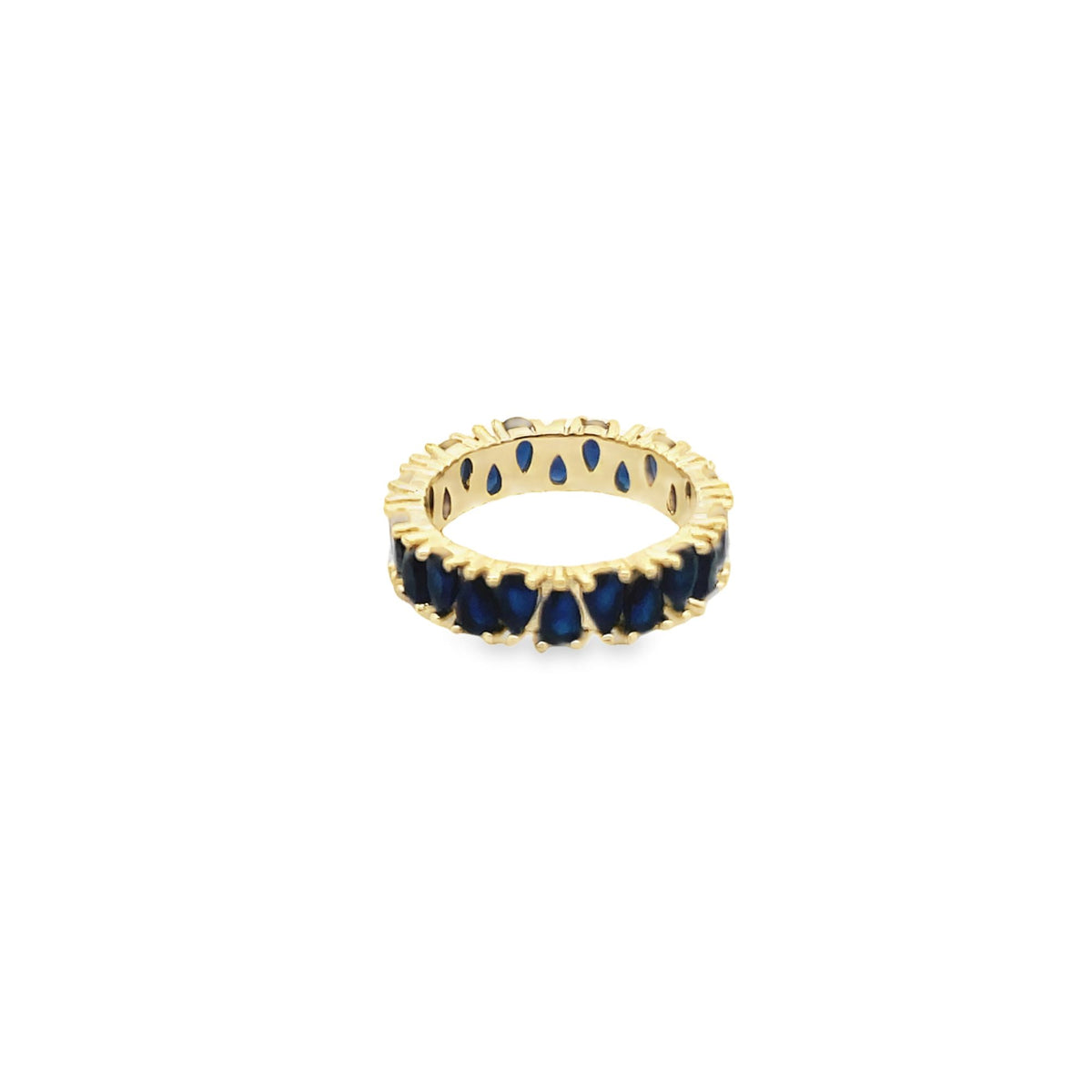 A gold eternity ring features a continuous band of pear-cut blue sapphires.