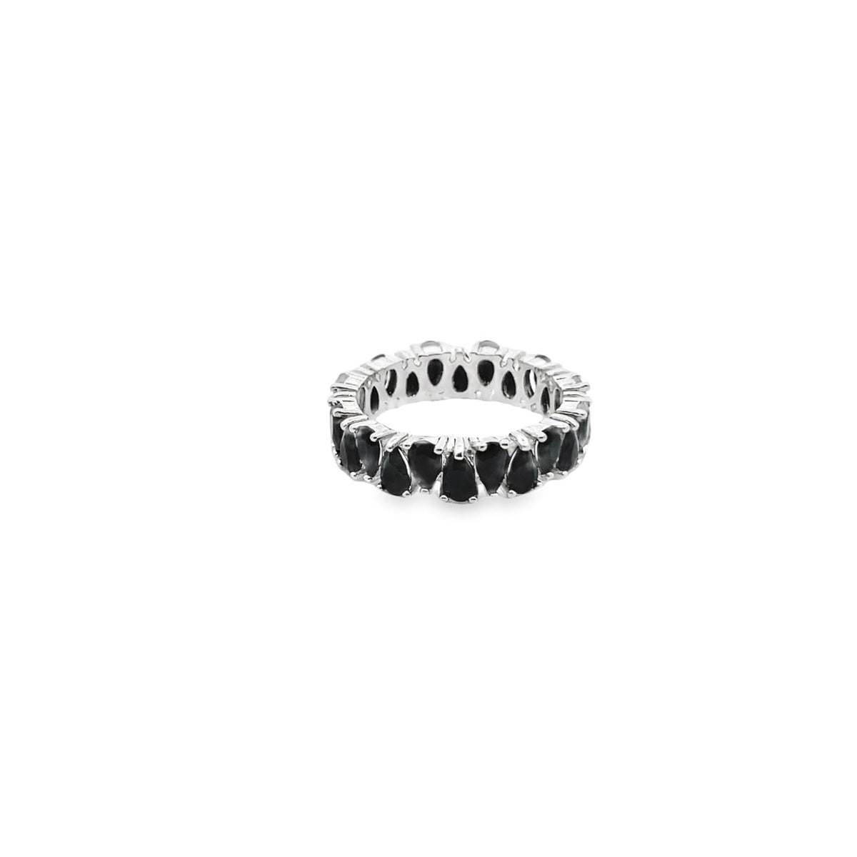 A silver eternity band features a continuous circle of pear-cut black gemstones against a clean white background.