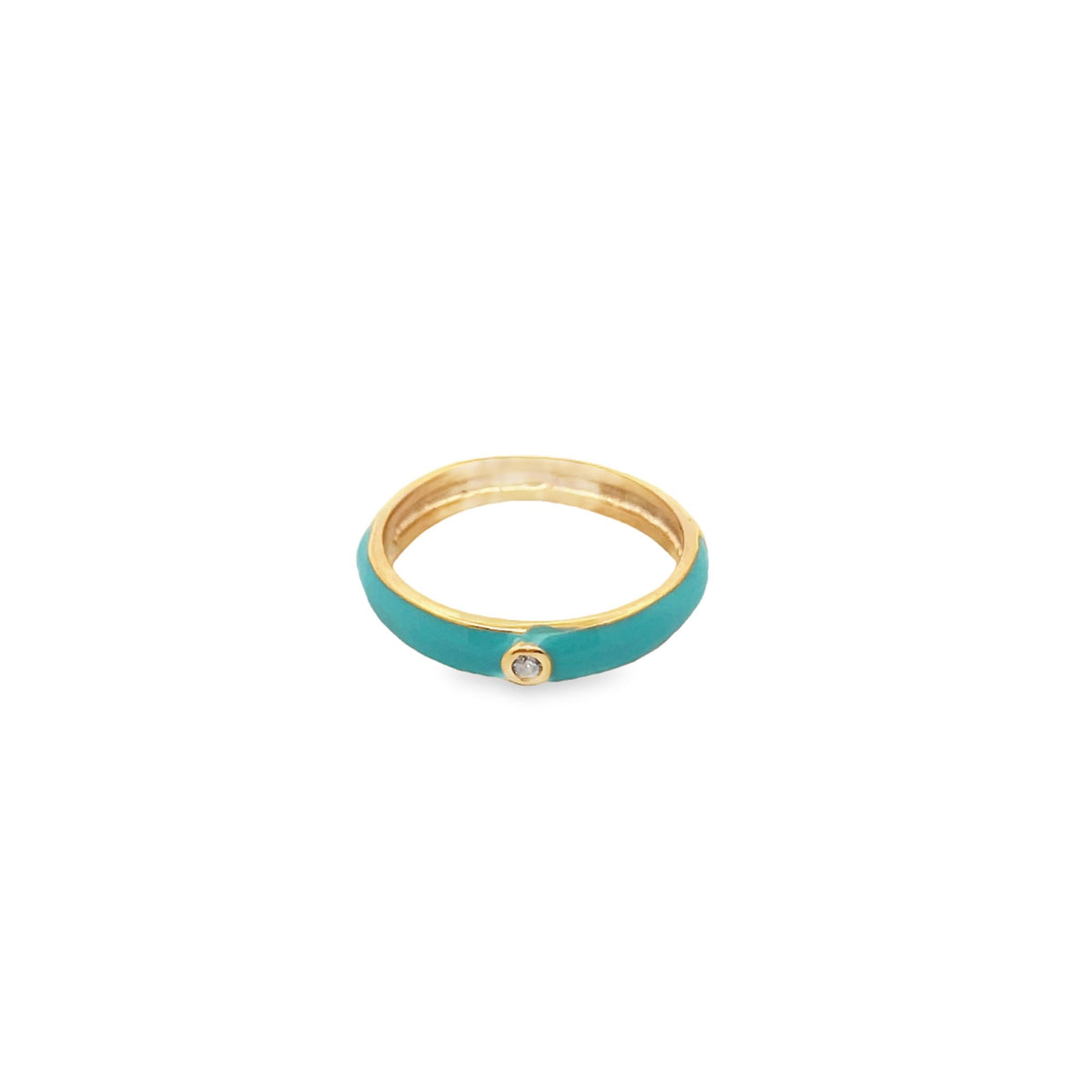 A thin gold band ring features vibrant turquoise enamel and a single sparkling diamond set at the center.