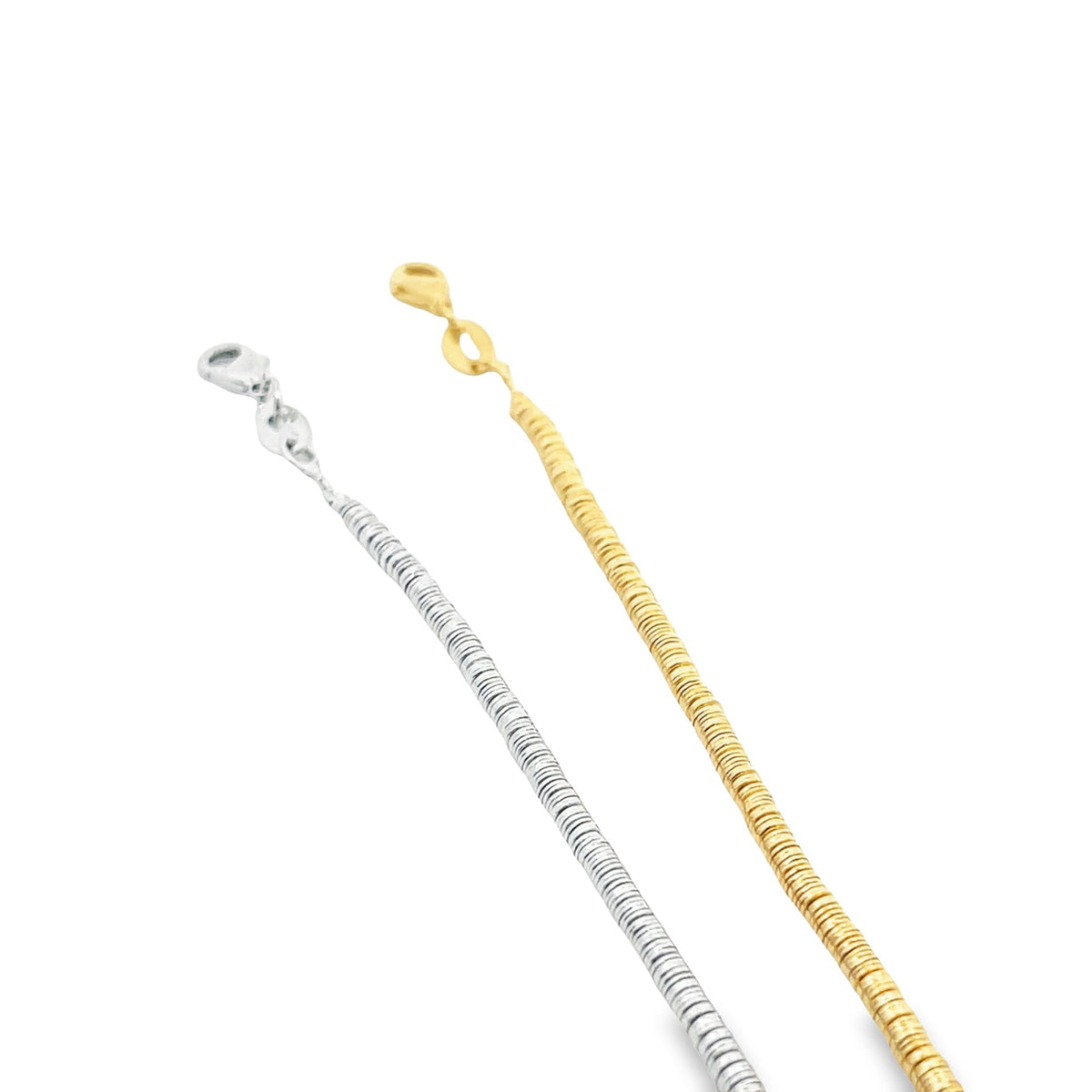 Two textured sterling silver and gold chain necklaces display their clasps against a clean white background.