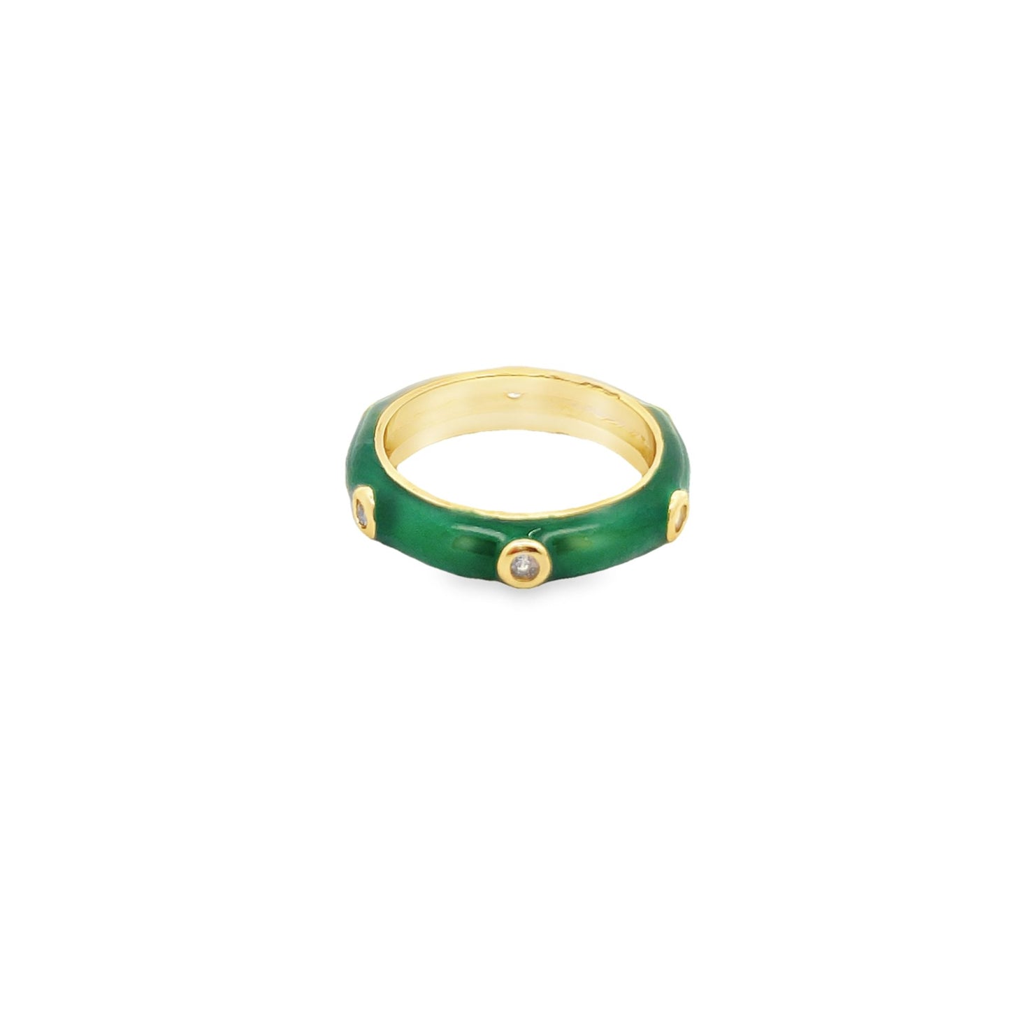 A glossy green enamel gold ring sparkles with embedded crystal stones against a clean white background.