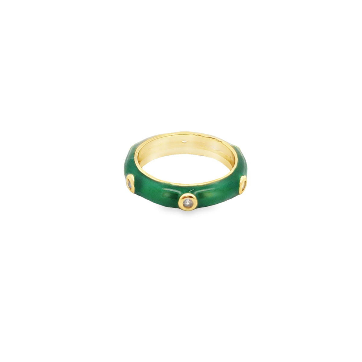 A glossy green enamel gold ring sparkles with embedded crystal stones against a clean white background.