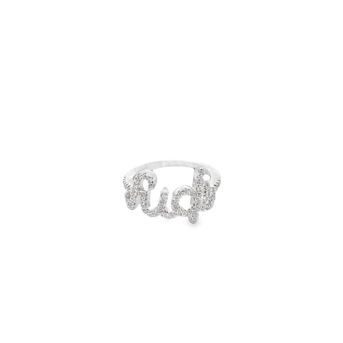 A silver name ring sparkling with pavé-set cubic zirconia stones displays the custom name "Aria" in a delicate cursive script.