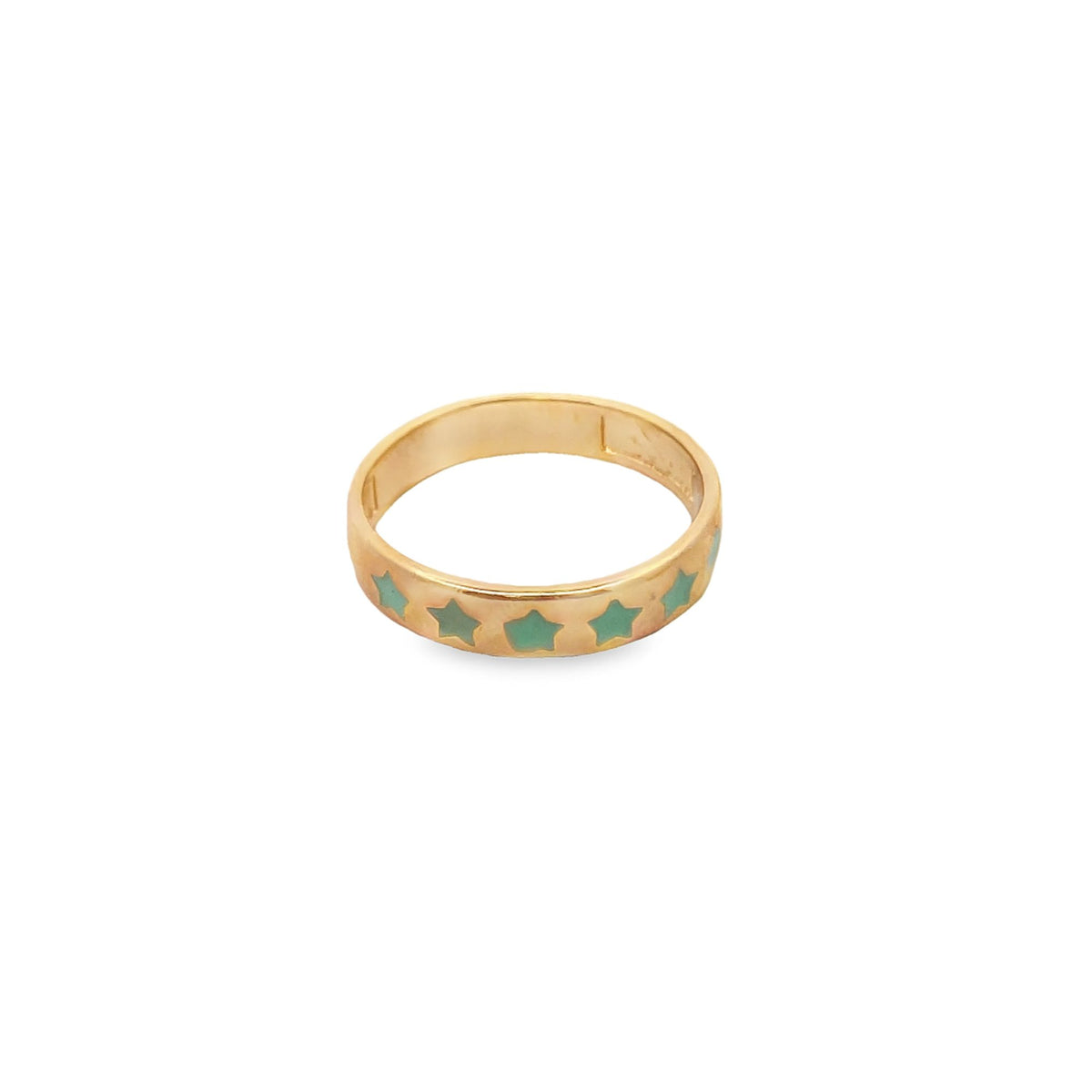 A gold ring features a row of alternating turquoise star patterns embedded along its band.