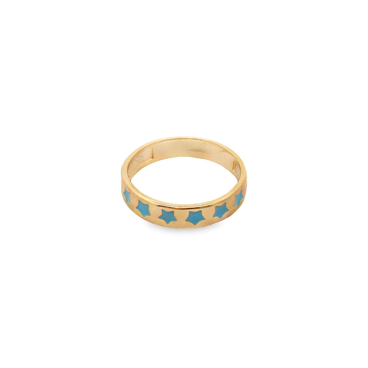 A gold band ring features an inlaid pattern of blue stars around its outer surface.