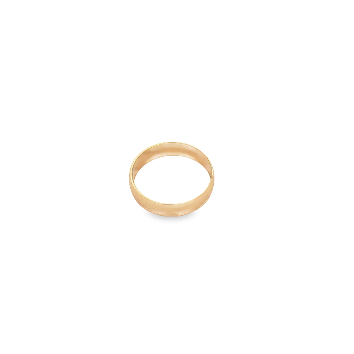 A sleek yellow gold plain band ring rests against a clean white background.