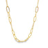 A gold paperclip link necklace displays a unique mixed-chain design against a plain white background.