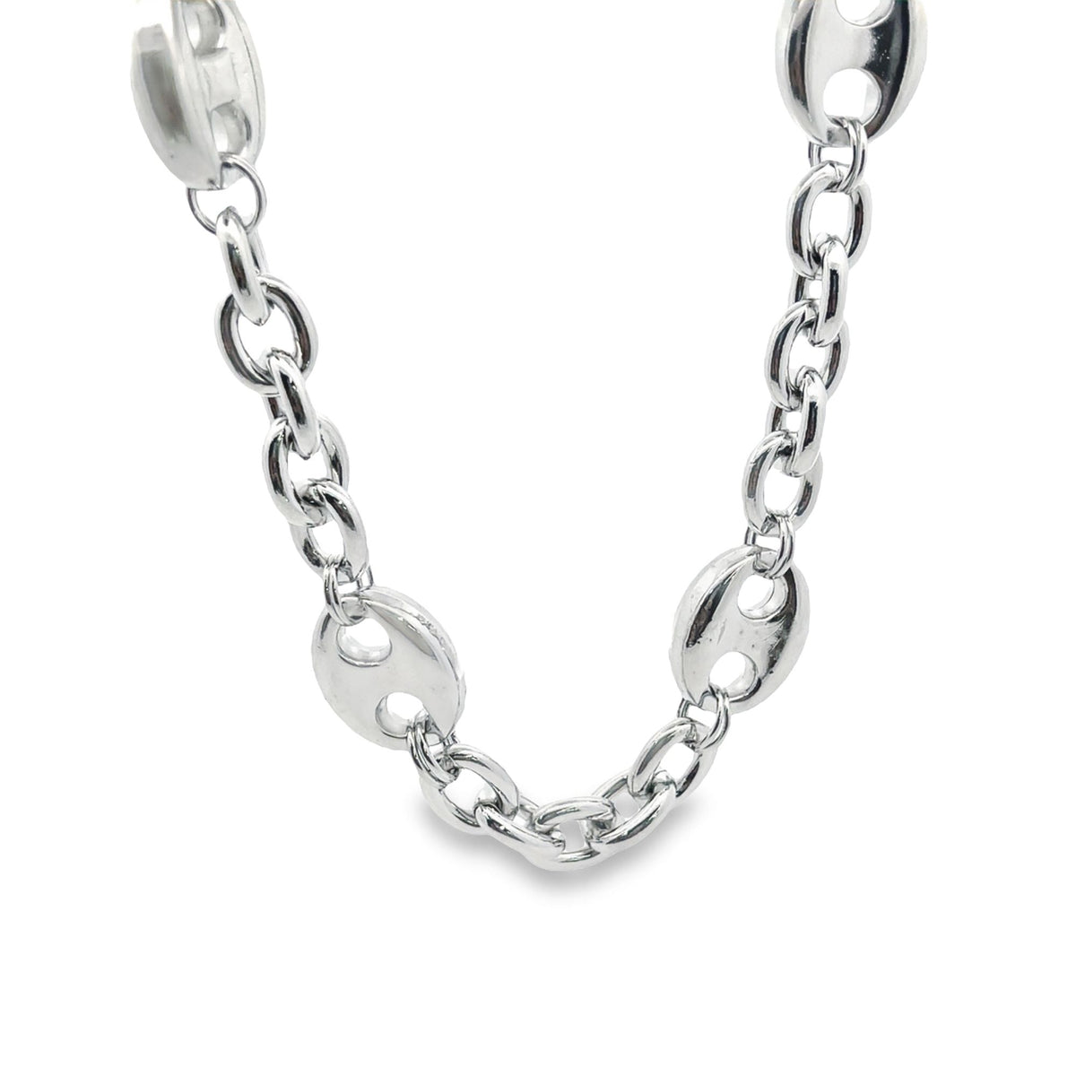 A polished sterling silver mariner link chain necklace drapes against a clean white background.