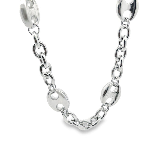 A polished sterling silver mariner link chain necklace drapes against a clean white background.
