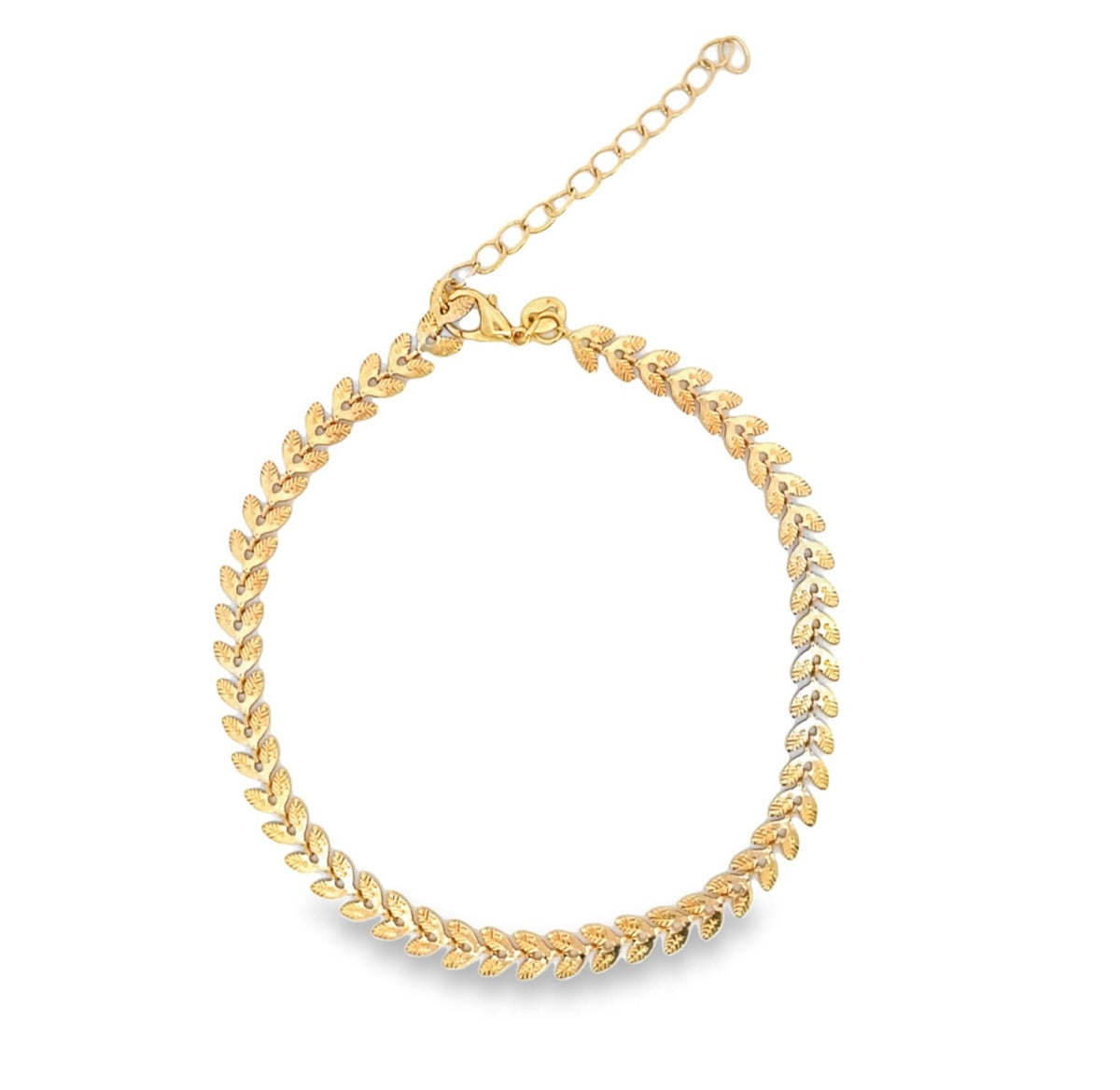 A gold leaf choker necklace displays an intricate vine pattern with a lobster clasp and adjustable extension chain against a white background.