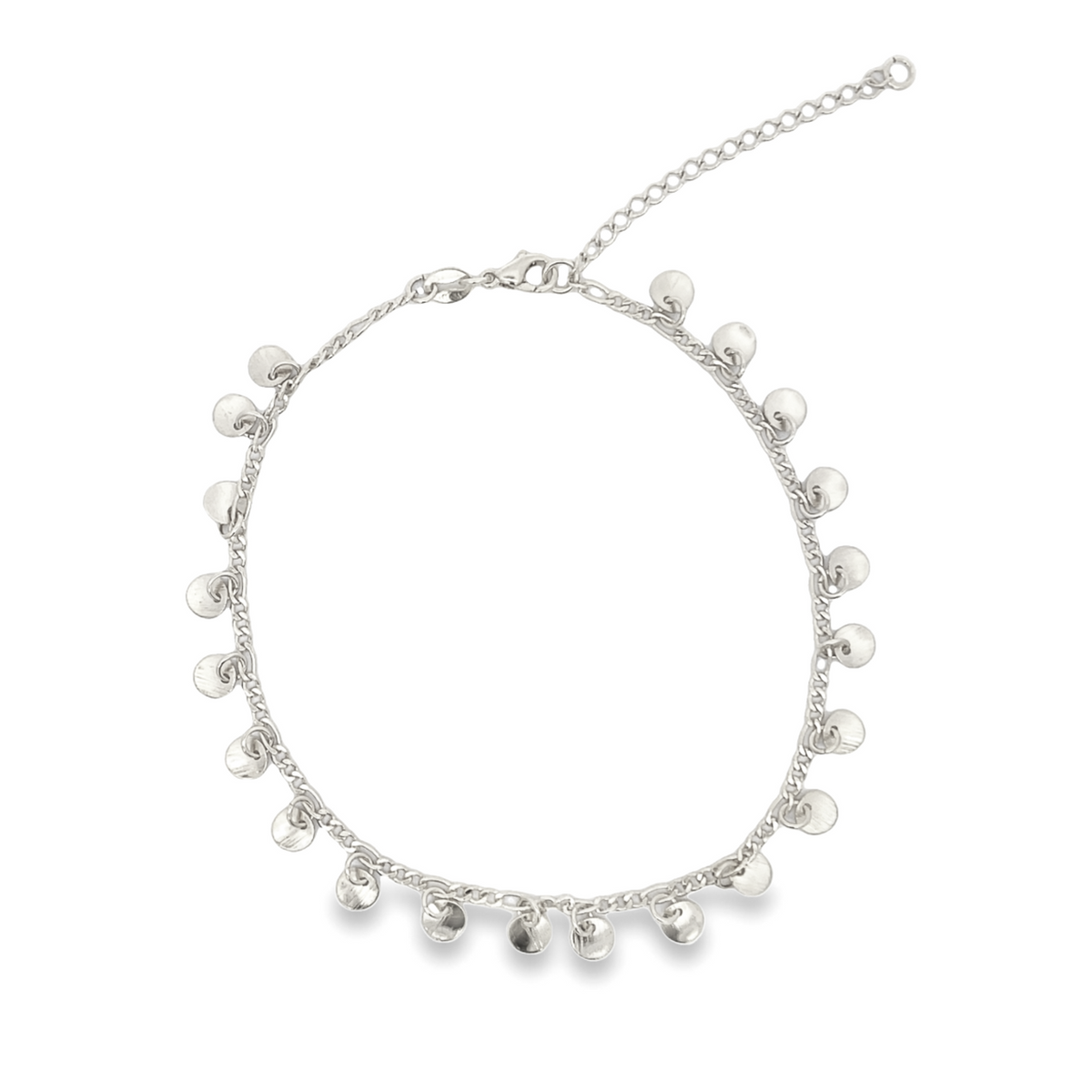 A delicate silver chain anklet features dangling coin charms against a white background.