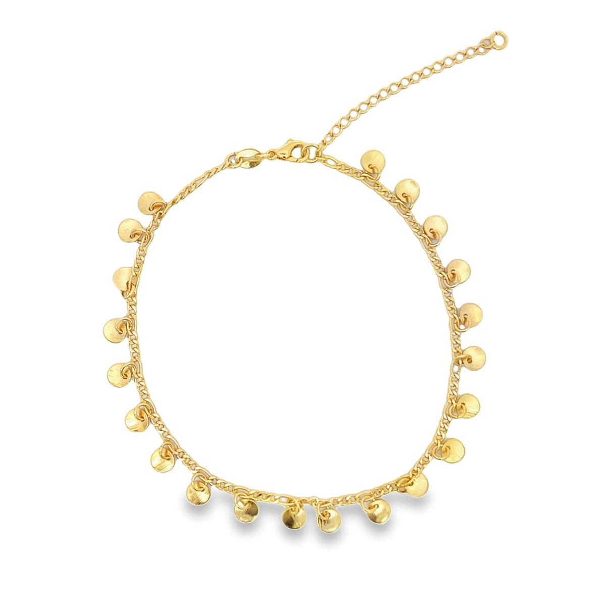 A delicate gold anklet features small dangling coin charms along a fine chain against a white background.
