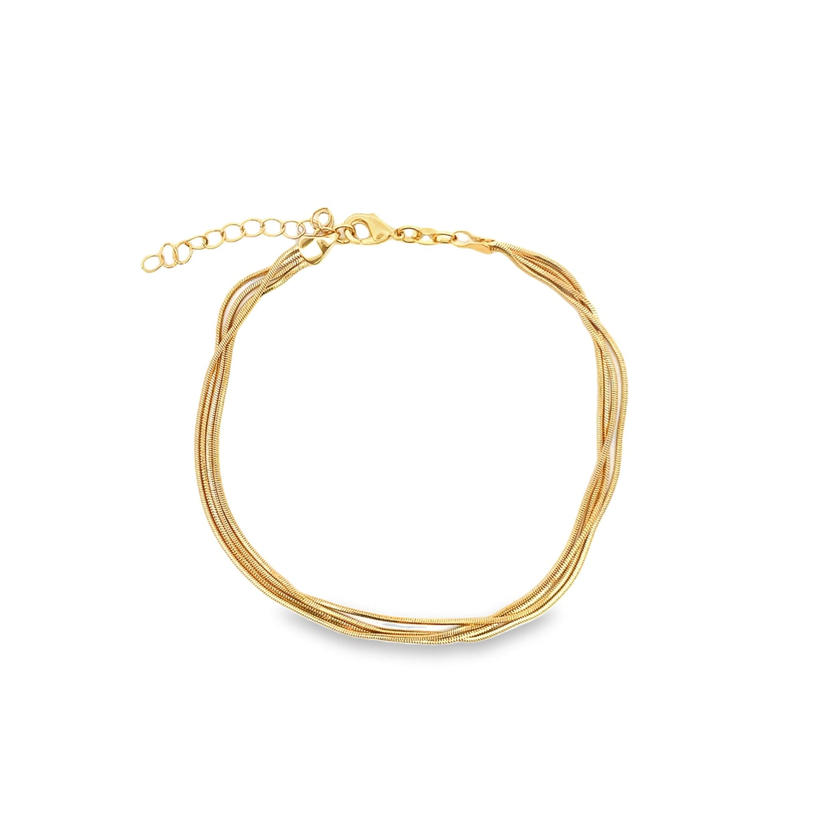 A multi-strand gold snake chain bracelet rests in a circle on a clean white background, showcasing its sleek texture and lobster clasp closure.
