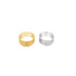 A gold ring and a silver ring with textured horizontal bands sit side by side against a clean white background.