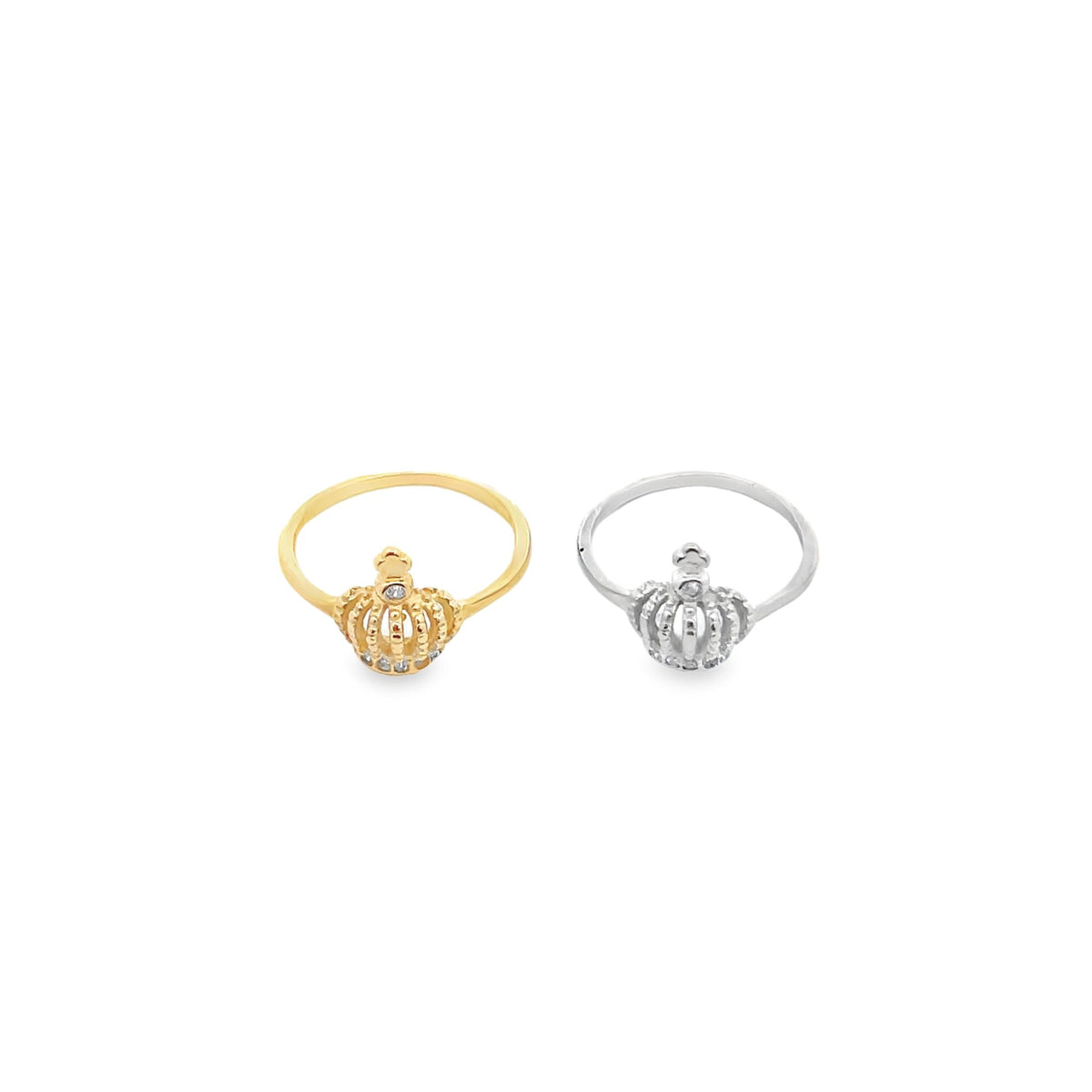 Two elegant crown-shaped rings, one in gold and one in silver, rest side by side on a clean white background.