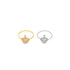 Two elegant crown-shaped rings, one in gold and one in silver, rest side by side on a clean white background.