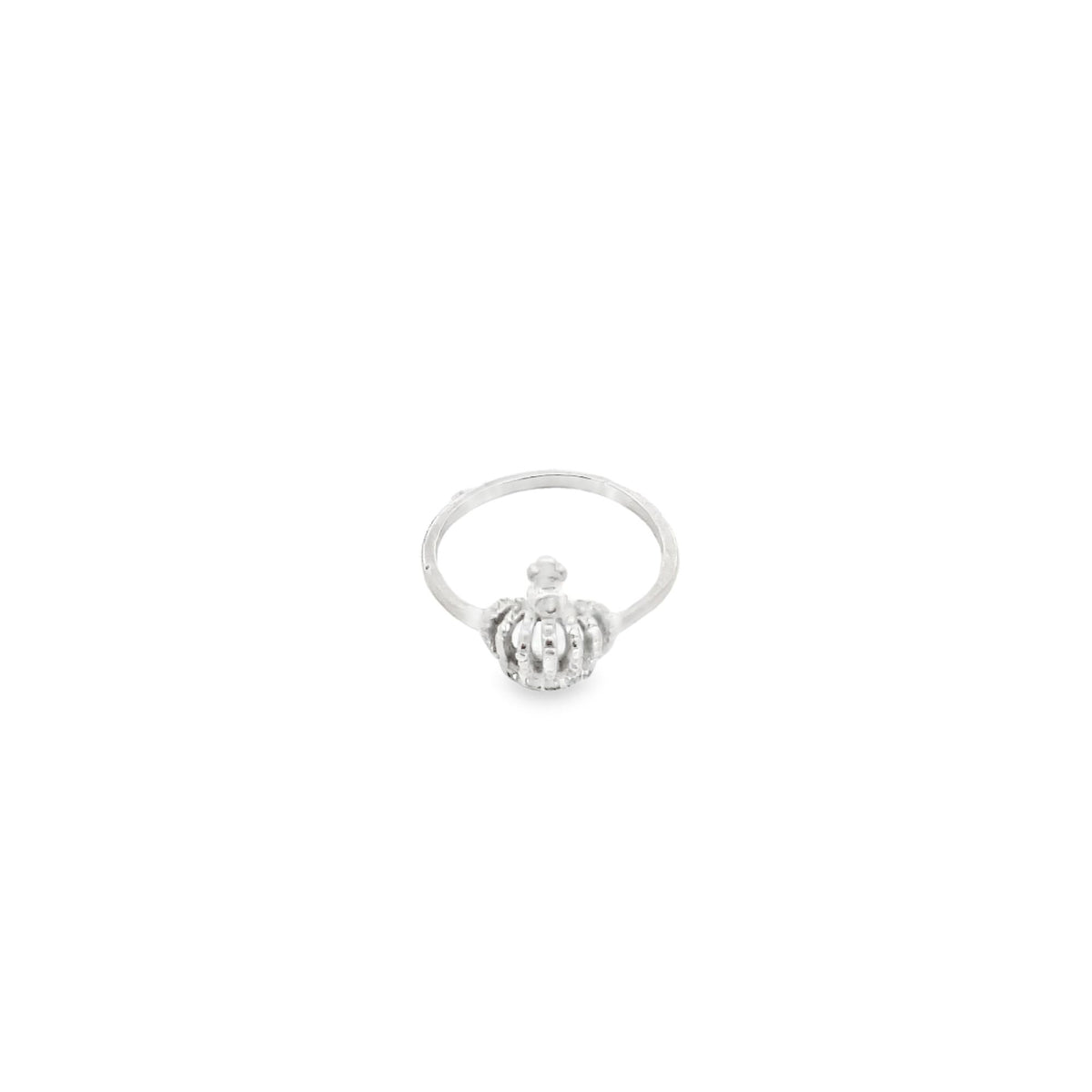 A delicate sterling silver crown ring rests against a plain white background.