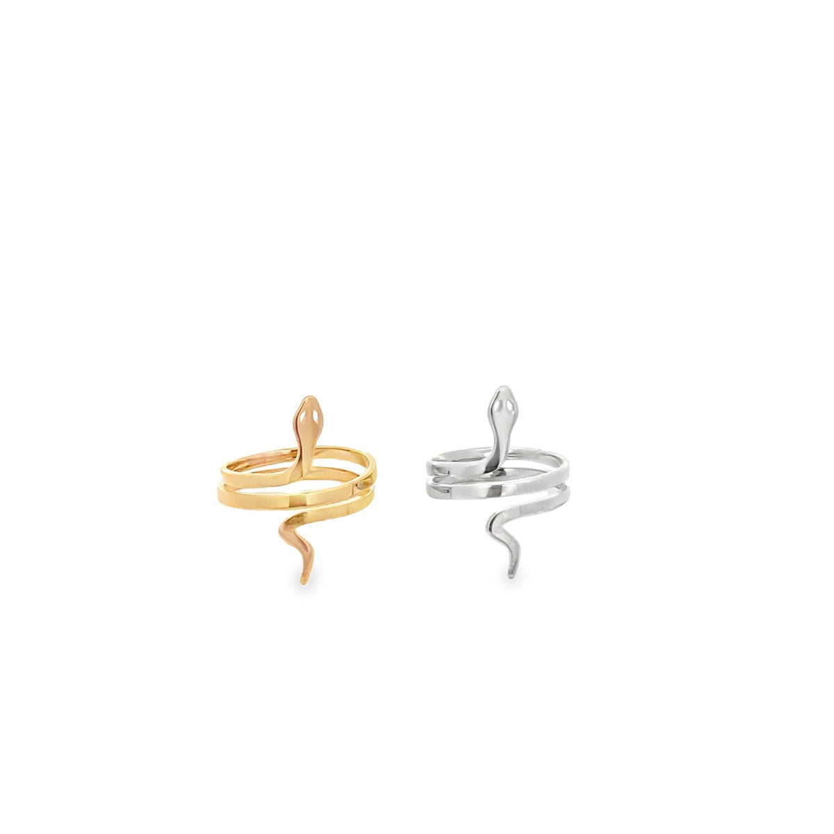 A gold snake ring and a silver snake ring sit side by side on a clean white background.