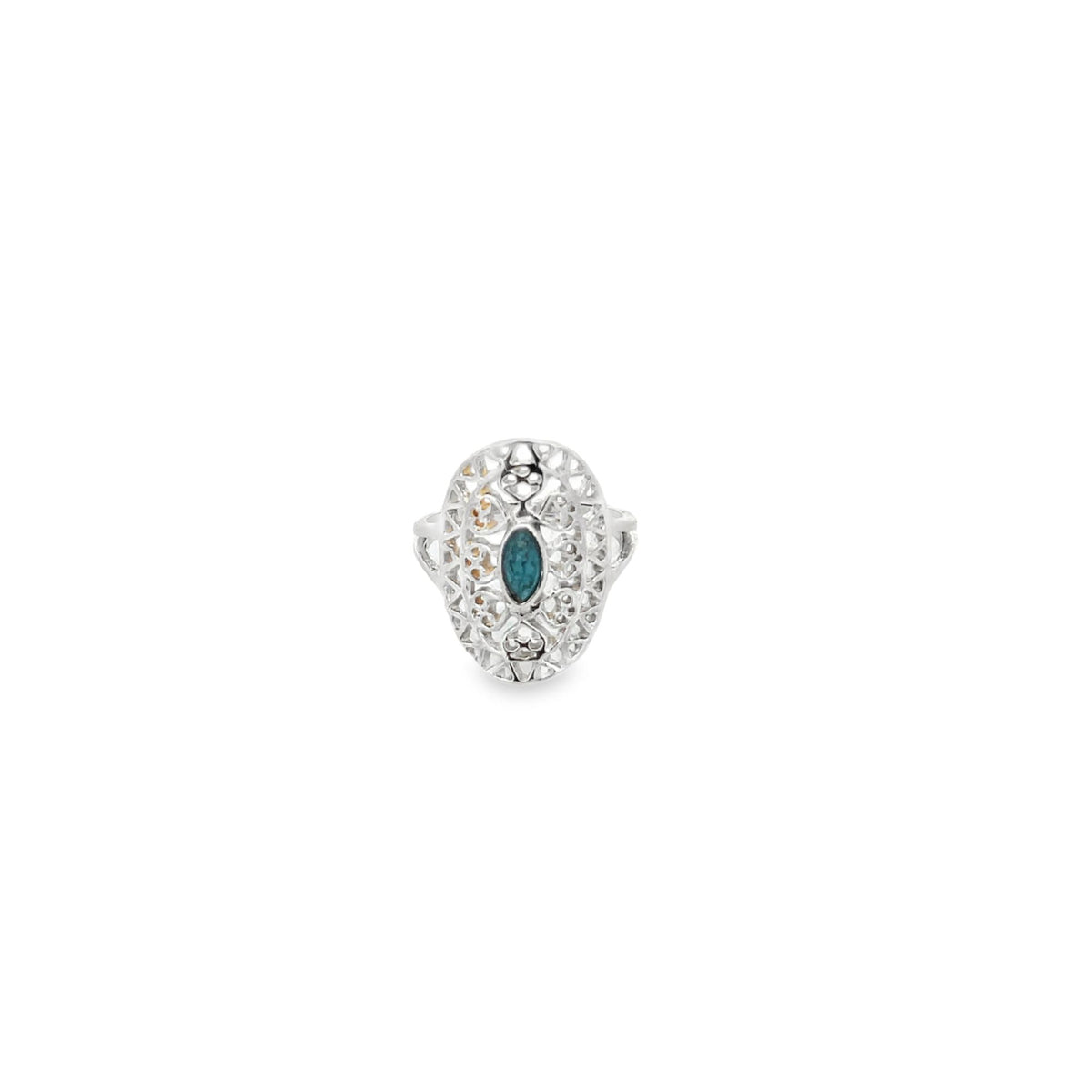 An intricate sterling silver cocktail ring features an oval face with filigree work centered around a marquise-cut turquoise stone.