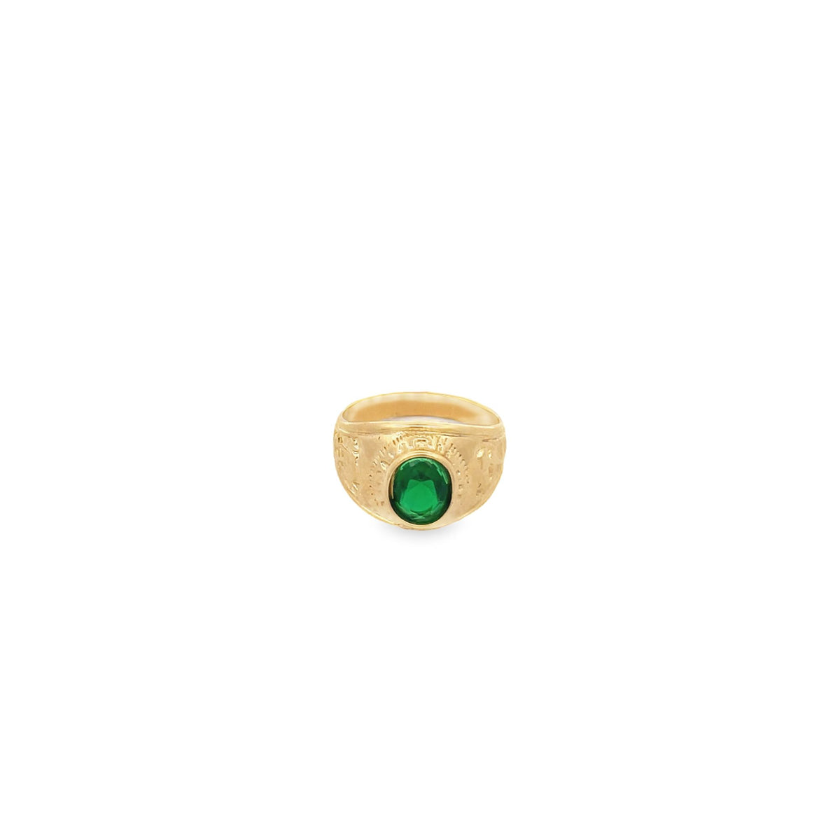 A gold signet ring features a vibrant oval-cut green gemstone against a clean white background.