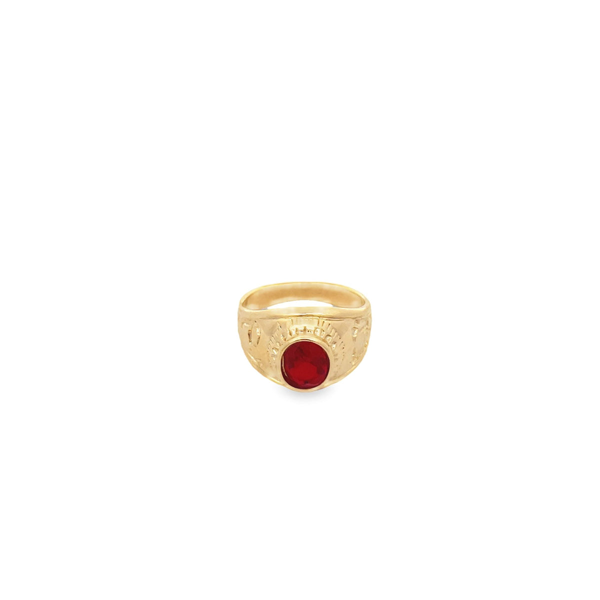A gold signet ring features an oval red gemstone set in the center against a plain white background.