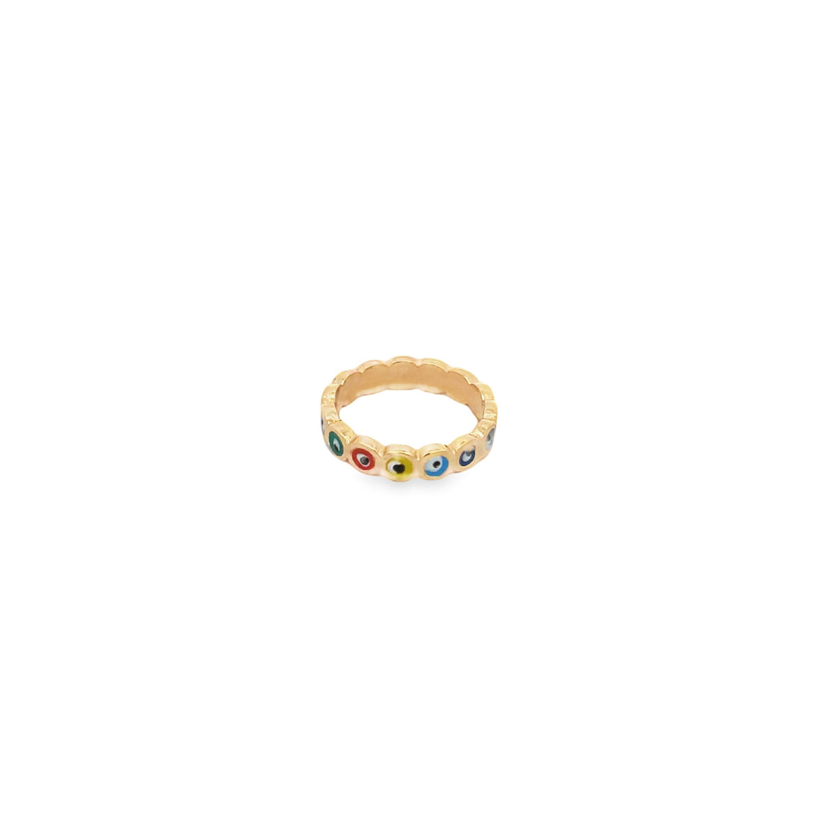 A gold ring features a row of colorful enamel evil eye symbols against a white background.