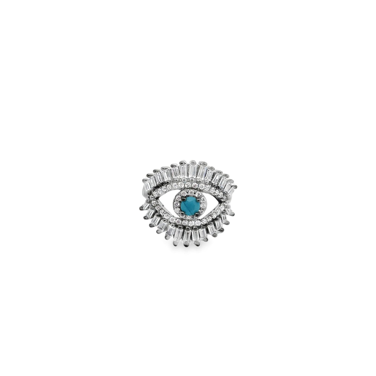 A silver evil eye ring sparkles with a bright turquoise center stone and intricate baguette and round cubic zirconia crystals.