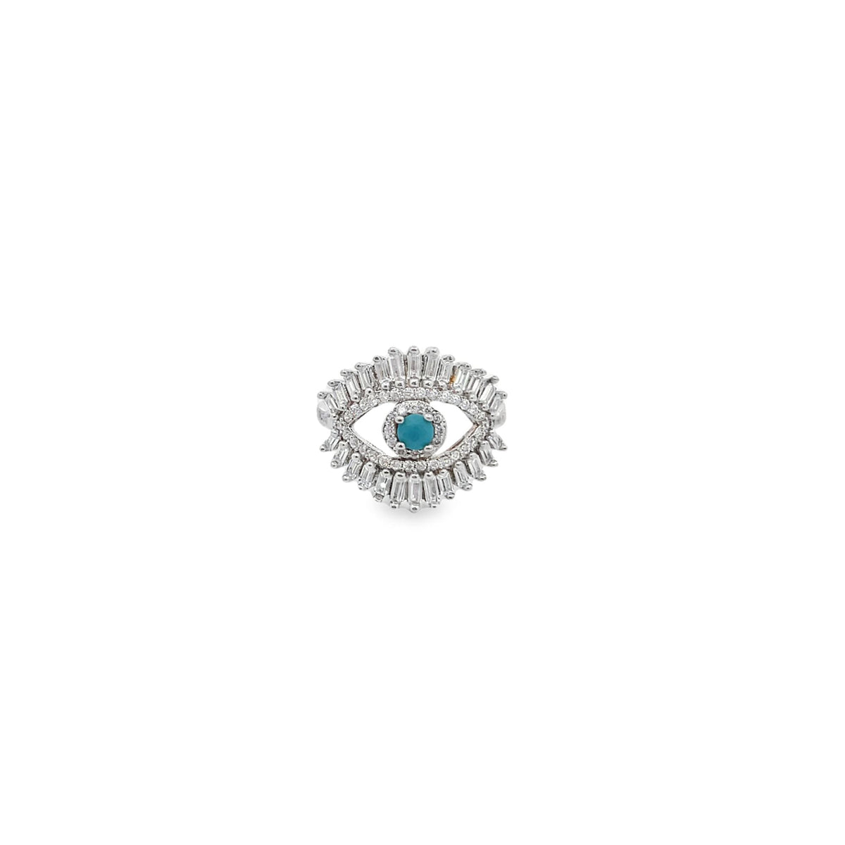 A sterling silver evil eye ring sparkles with a bright turquoise center stone surrounded by shimmering white diamonds.