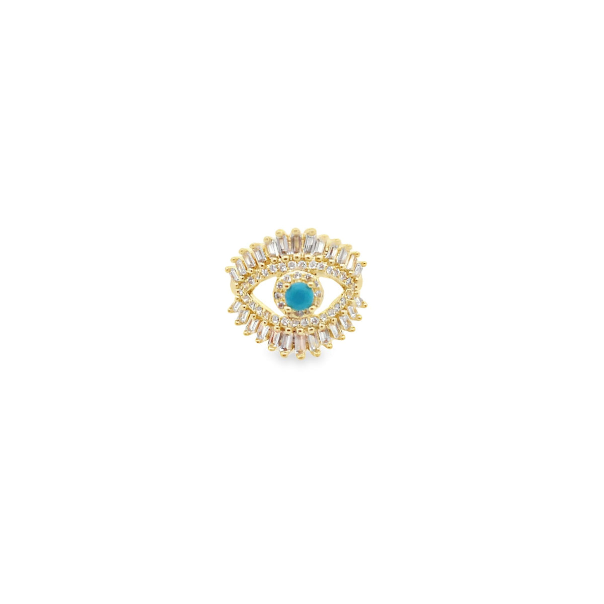 A gold evil eye earring sparkles with pave diamonds and features a vibrant turquoise center stone.